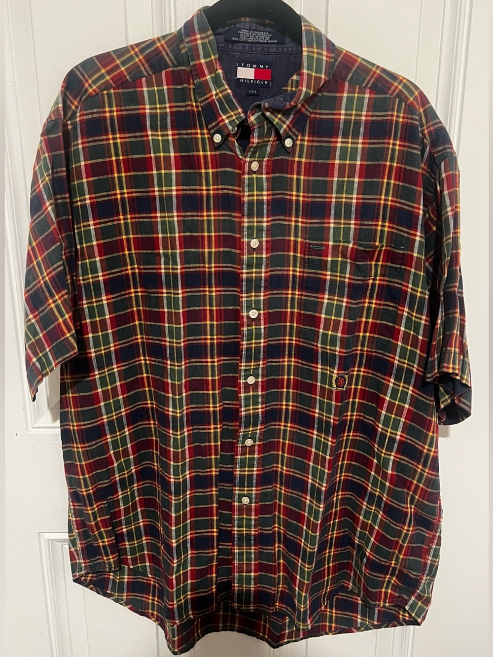VTG Tommy Hilfiger 90s Men's Sz Large Linen Plaid Short Sleeve Button Down Shirt